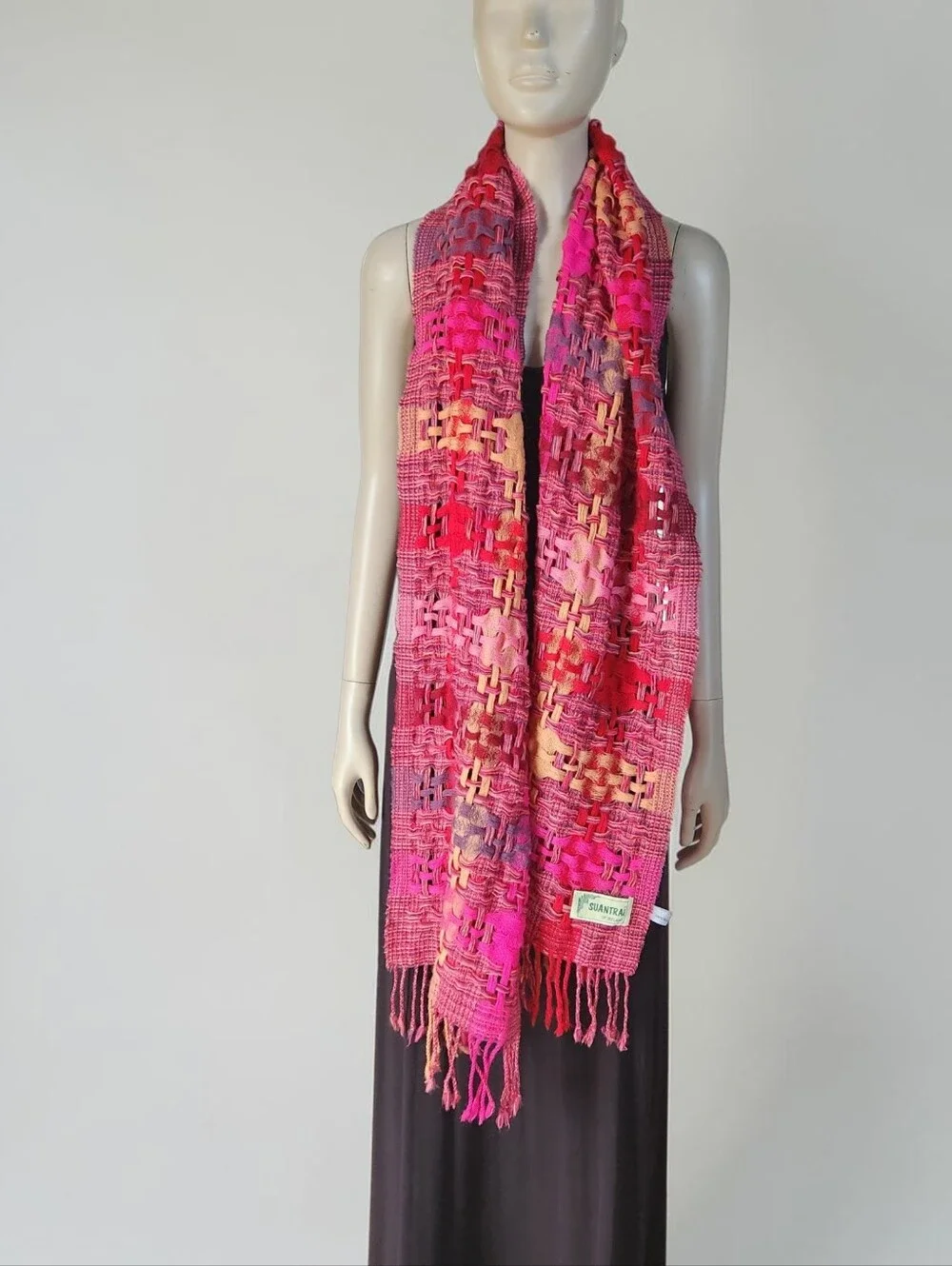Suantrai Of Ireland Wool Vibrant Loose Weave Scarf Magenta Fuscia 78x14 Inch